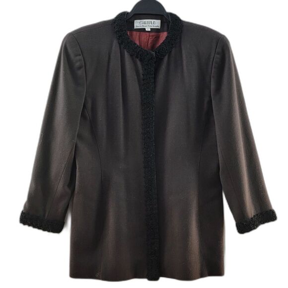 Vintage Chetta B Black100% Wool Coat Front Opening Hidden Button Fur Trim 6 - Picture 2 of 10